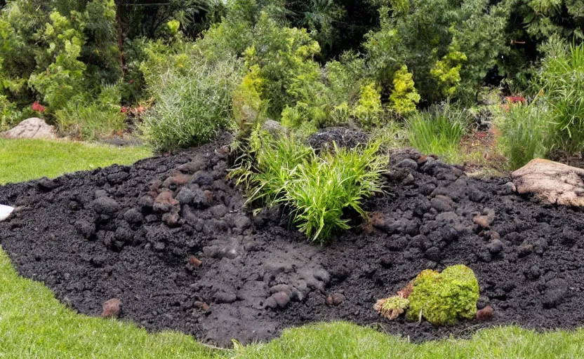 Image similar to miniature volcano erupting with streams of lava in a suburban yard, ground level