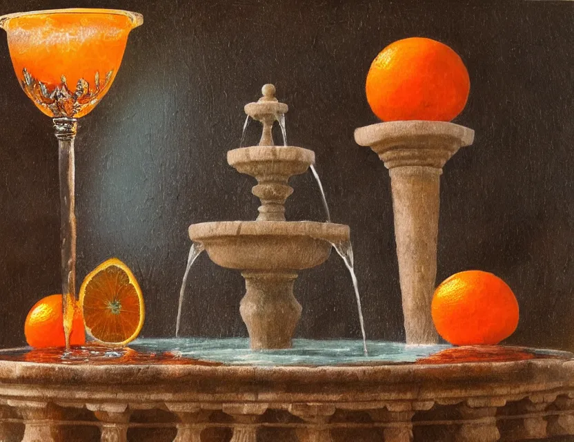 Image similar to carved marble fountain with orange soda. oil painting, indie concept art, bloom, chiaroscuro, backlighting, intricate details, depth of field.