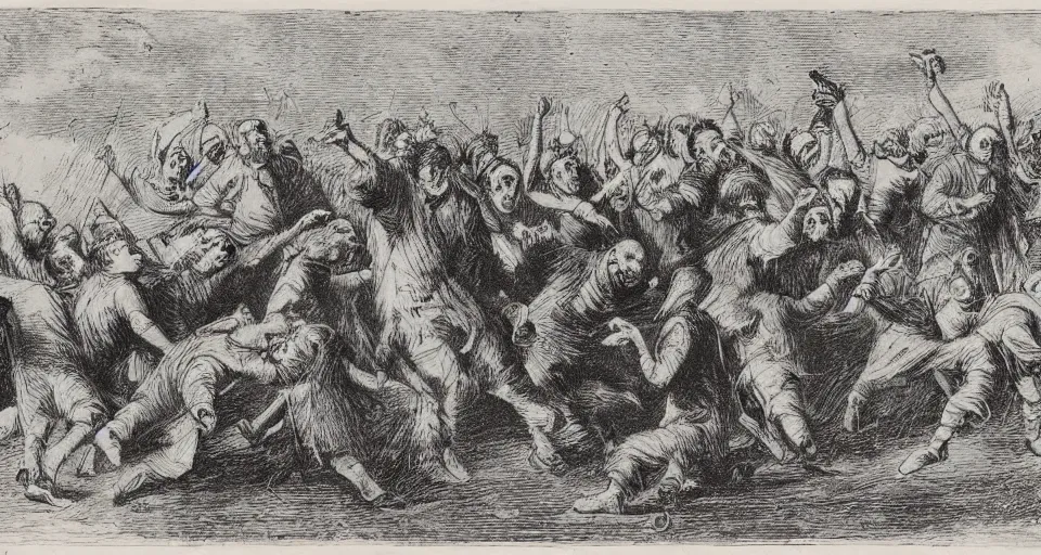 Image similar to an etching of elisha calling bears to attack the forty youth, by albert rosenthal!!!!!!!!!!!!!!!!!!!