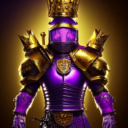 Prompt: a highly detailed knight with glowing purple eyes in a golden helmet and a golden crown with a diamond in the center, golden armor, leather clothes under the armor, leather gloves, holds a black sword, artstation, DeviantArt, professional, octane render, sunset lighting