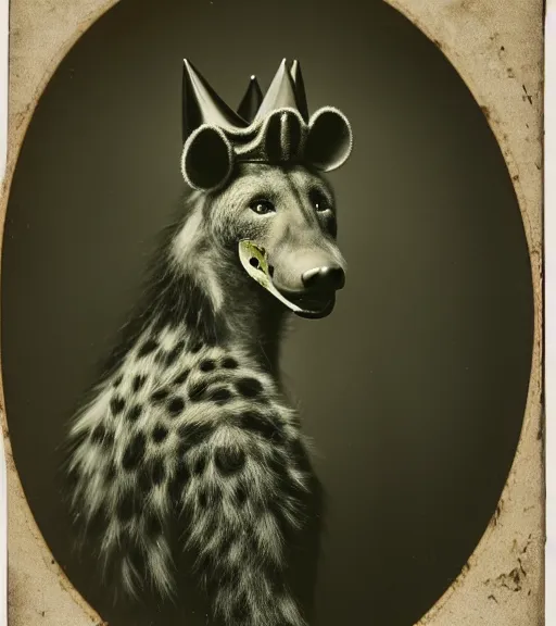 Image similar to professional studio photo portrait of anthro anthropomorphic spotted hyena head animal person fursona smug smiling wearing crown elaborate pompous royal king robes clothes degraded medium by Louis Daguerre daguerreotype tintype