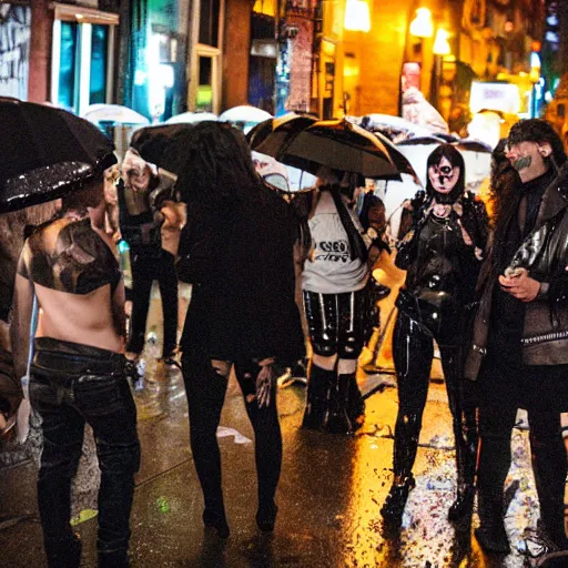 Image similar to flash night photography of punks and goths on the lower east side, nighttime, raining!