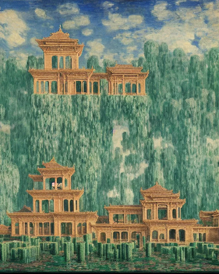 Image similar to achingly beautiful painting of intricate ancient palace on jade background by rene magritte, monet, and turner. giovanni battista piranesi.