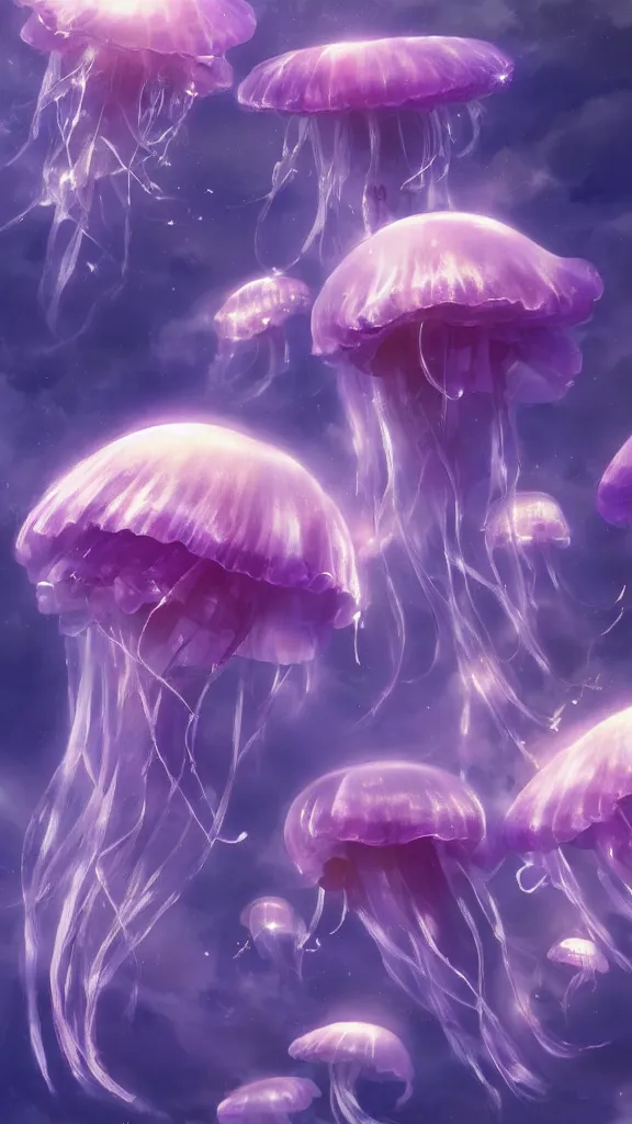 Image similar to A ultradetailed beautiful panting of a beautiful group of purple jellyfish flying peacefully in a heavenly sky, peaceful, relaxing, oil panting, high resolution 4K, by Ilya Kuvshinov, Greg Rutkowski and Makoto Shinkai