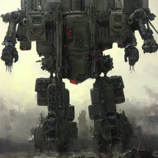 Image similar to oil painting of a huge military mech, sleek, elegant, anime style, highly detailed, complex, intricate by james gurney