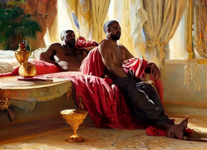 Prompt: kanye west relaxing in classical arabia by vladimir volegov and alexander averin and pierre auguste cot and delphin enjolras and peder mørk mønsted