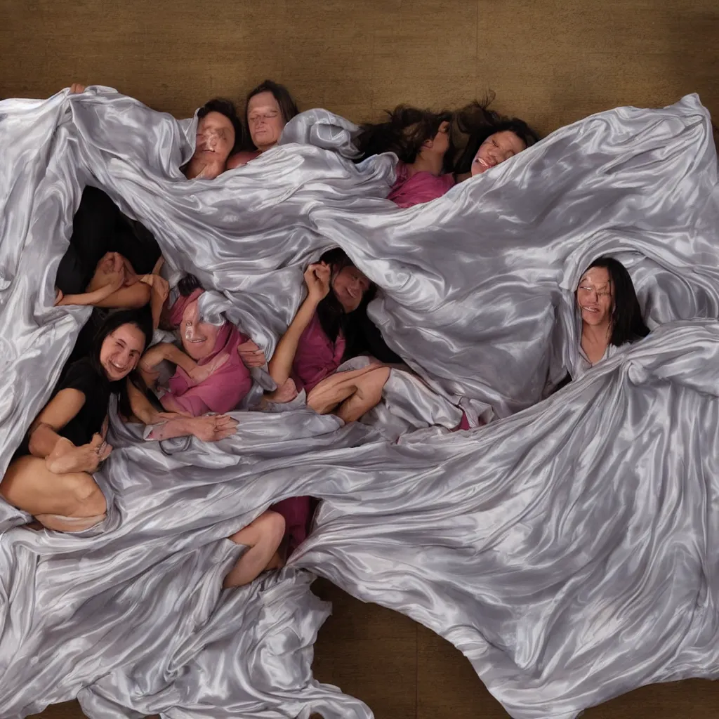 Image similar to 3 people under a large silk sheet