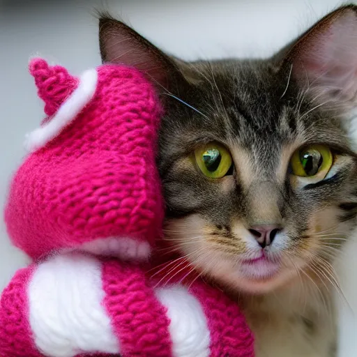 Image similar to cute cat photo licking tongue sticking out, wearing wool hat cat ears