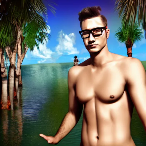 Prompt: slender buff dagestan man with glasses in a water park digital art, 8 k, character, realism, anime, portrait