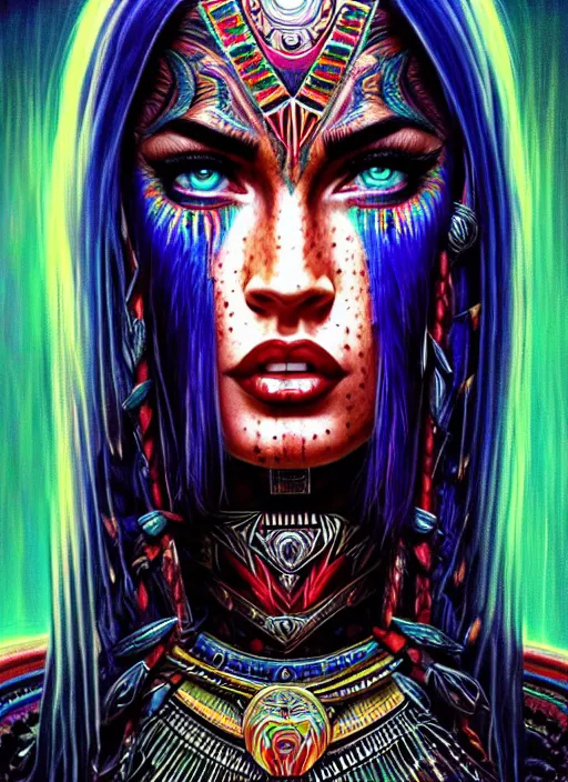 Image similar to portrait of megan fox, hyper detailed ultra sharp aztec shaman warrior. trending on artstation, warpaint aesthetic, bloodwave, colorful, psychedelic, ornate, intricate, digital painting, concept art, smooth, sharp focus, illustration, art by artgerm and greg rutkowski and h. r. giger, 8 k