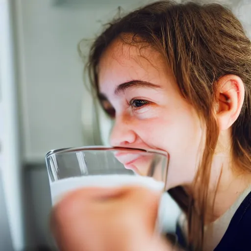 Prompt: close - up of a glass of water held by a young teenage girl with brown hair from behind in a modern kitchen, sigma, unframed, blur, depth field, realistic face