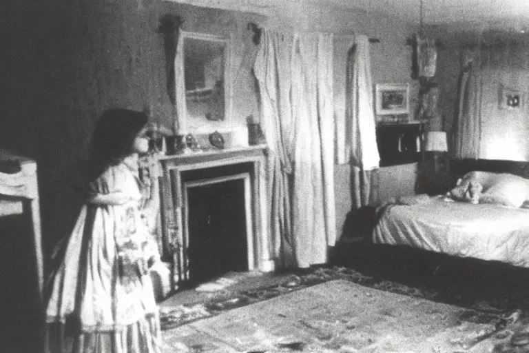 Image similar to enfield haunting 1 9 7 7, photo real, ghosts, bedroom, seance, creepy, 7 0 s, realistic