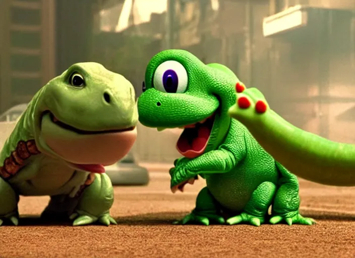 Image similar to film still of yoshi in the new sci - fi movie, cute upright dinosaur with a small turtle shell and long tongue, 8 k