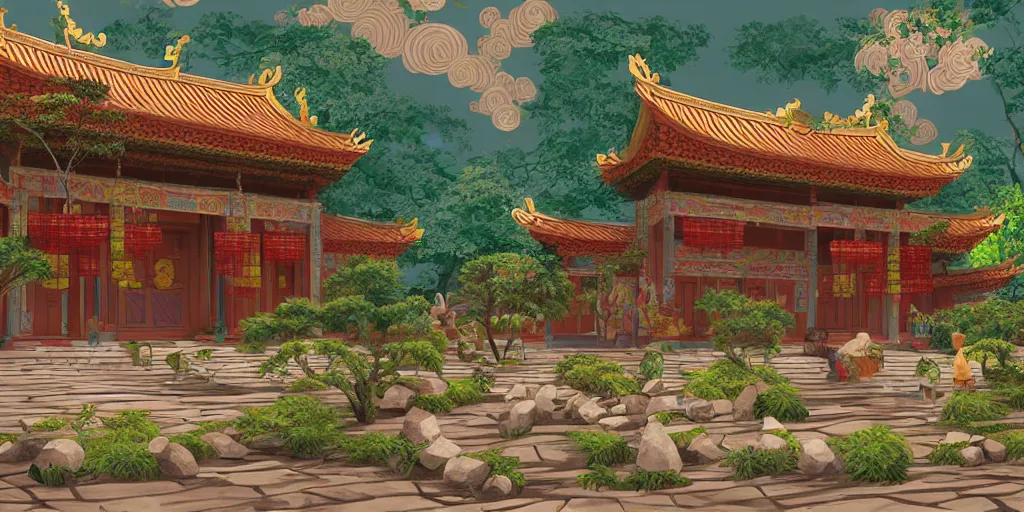 Prompt: vietnamese temple scene, 2 d game art background, level design, muted colors, in style of lam manh