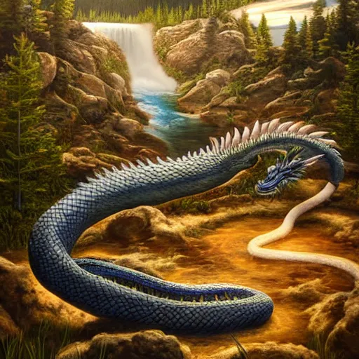 Image similar to snake - like dragon sitting in a hotspring at yellowstone national park, highly detailed oil painting, featured on artstation