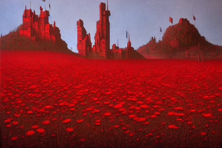 Image similar to only with red, red flowers of different types, a castle in the background, red orcs and trolls dance over the flowers, in the style of beksinski, part by hopper, part by rodcenko, part by hofbauer, intricate composition, red by caravaggio, insanely quality, highly detailed, masterpiece, red light, artstation