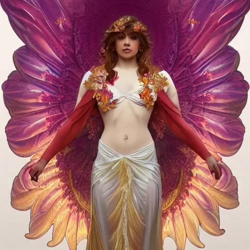 Image similar to a beautiful orchid phoenix angel woman, in an ornamented dress with large wings, volumetric light, god rays, 8 k high resolution, rubies, by alphonse mucha, artgerm, greg rutkowski