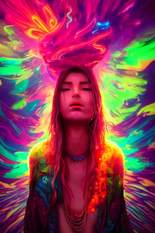 Prompt: a beautiful shaman girl engulfed in colorful liquid smoke and neon clouds, a colorful psychedelic experience, dmt, lsd, face, highly detailed, artstation, concept art, matte, sharp focus, illustration, digital art by hana yata, and artem demura and beeple, octane render, unreal engine, 8 k, pixel sorting