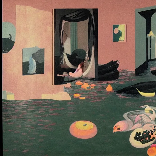 Prompt: female emo art student in her apartment, painting of flood waters inside an artist's feminine bedroom, a river flooding indoors, pomegranates, pigs, ikebana, water, octopus, river, rapids, waterfall, black swans, canoe, berries, acrylic on canvas, surrealist, by magritte and monet