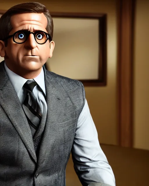 Image similar to steve carrell with a suit as a muppet. highly detailed felt. hyper real photo. 4 k.