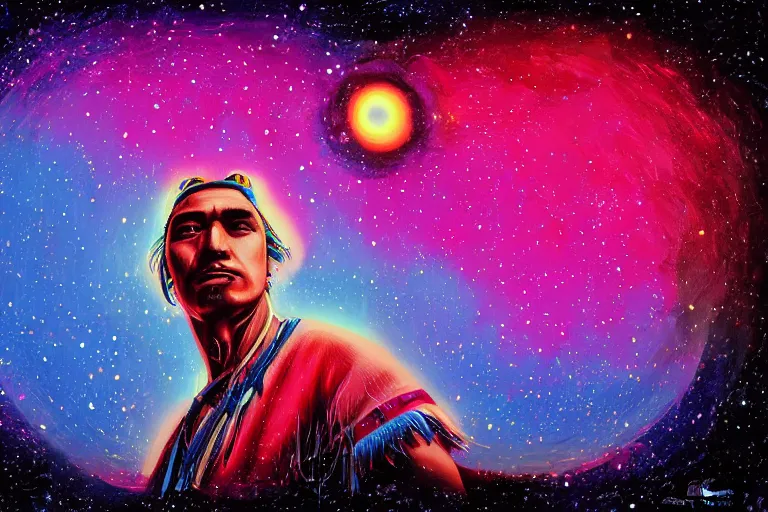 Image similar to digital art of a spiritual native american man looking up at the stars, acrylic art, universe, painting, pastel colors, synthwave, retro, cyberpunk,