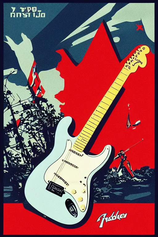 Image similar to “Fender Stratocaster in a Soviet propaganda poster, in the style of Dmitry Moor”