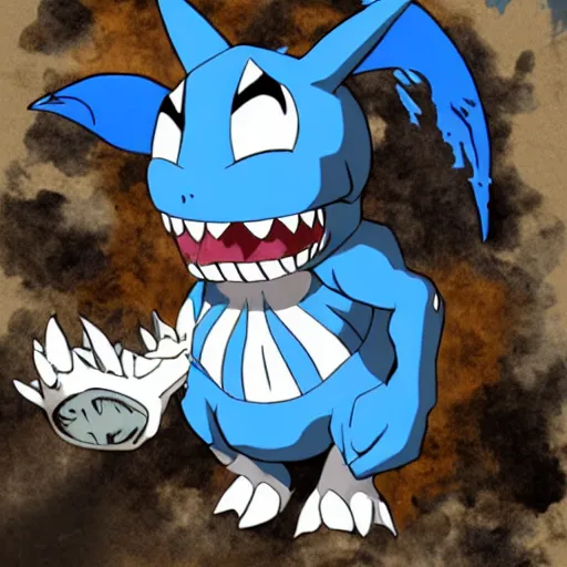 Prompt: Menacing blue eyes Nidoking infected with the Venom symbiote post apocalyptic