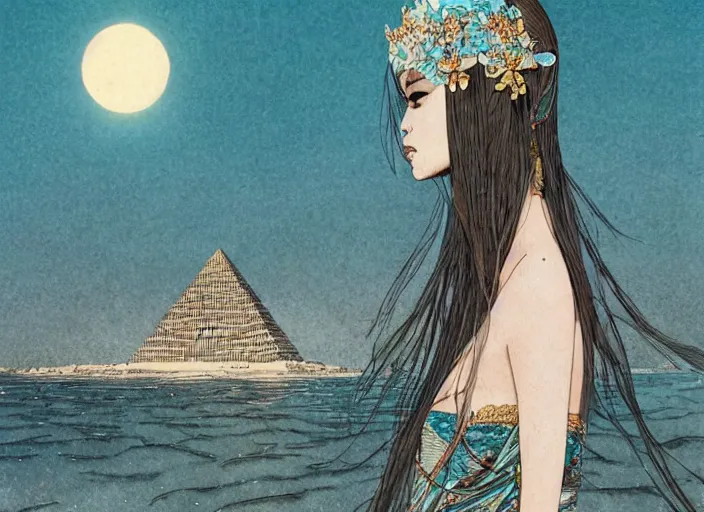 Prompt: lee jin - eun in luxurious dress emerging from turquoise water in egyptian pyramid city during an eclipse by takato yamamoto, nicola samuri, conrad roset, m. k. kaluta, martine johanna, rule of thirds, elegant look, beautiful, chic, face anatomy, cute complexion