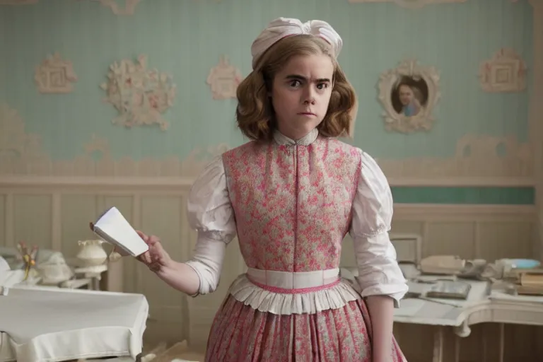 Prompt: wide-shot of Kiernan Shipka as the maid in the new movie directed by Wes Anderson, symmetrical shot, idiosyncratic, relentlessly detailed, pastel, limited colour palette, detailed face, movie still frame, promotional image, imax 70 mm footage