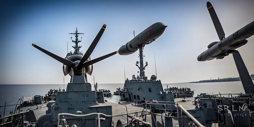 Image similar to warplane stand still on war ship, a dog cartoon symbol on its tail, sun on the background, high quality, award winning photography, photo professional, photography, 2 4 mm lens, f 2. 0, high quality, sharpen, detailed, 8 k, hd, uhd, color grading