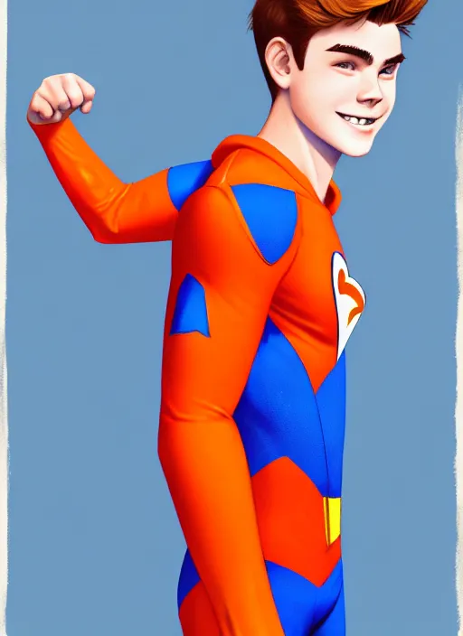 Image similar to friendly teenage archie andrews wearing an orange superhero costume with heart logo, freckles, pureheart the powerful, heart emblem on chest, blue cape, intricate, elegant, glowing lights, highly detailed, digital painting, artstation, sharp focus, illustration, art by wlop, mars ravelo and greg rutkowski