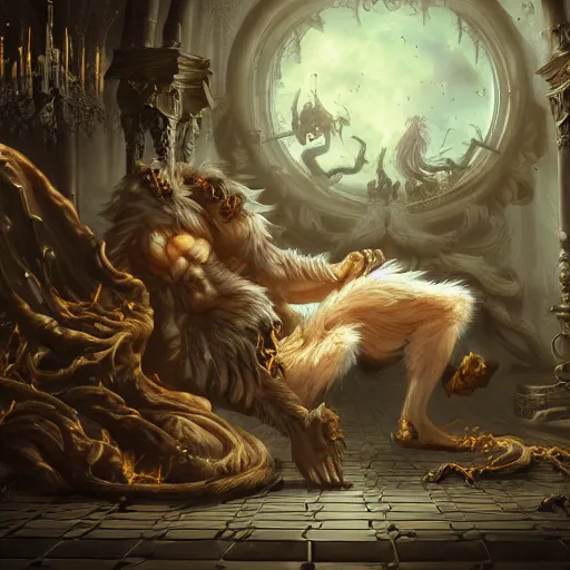 Image similar to A epic and beautiful rococo painting of a Werewolf using a burning laboratory. Castlevania style. ultra-detailed. Anime, pixiv, UHD 8K CryEngine, octane render