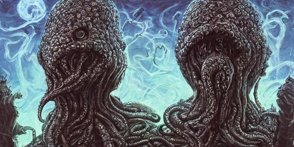 Image similar to A very detailed surreal fantasy horror painting of Cthulhu Vader by Manjit Bawa and Salvador Dali, trending on artstation, hyper detailed