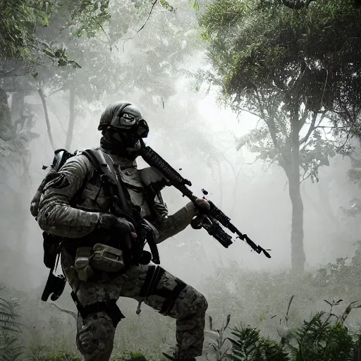 Image similar to Mercenary Special Forces soldier in light grey uniform with black armored vest and helmet launching an ambush attack in the jungles of Tanoa, combat photography by Feng Zhu, highly detailed, excellent composition, cinematic concept art, dramatic lighting, trending on ArtStation