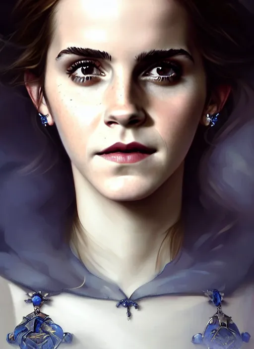 Prompt: portrait of emma watson as a vampire queen, jewelry, greek, saphire, intricate, headshot, highly detailed, digital painting, artstation, concept art, sharp focus, cinematic lighting, illustration, art by artgerm and greg rutkowski, alphonse mucha, cgsociety