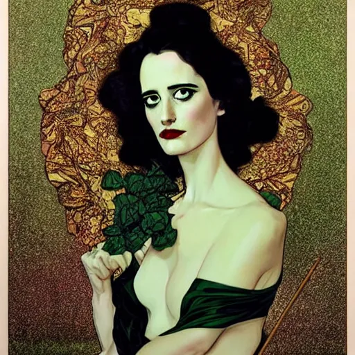 Image similar to portrait by joshua middleton of the young actress, eva green as queen of the emerald dead, vamp, elegant, decadent, stylised comic art, klimt, mucha, 1 9 7 0 s poster,