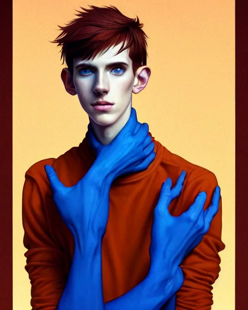 Prompt: symmetry!! portrait of tall, thin, 1 5 - year - old boy with a long nose, a lot of freckles, fiery red hair, and bright blue eyes, fantasy, intricate, highly detailed, digital painting, artstation, concept art, smooth, sharp focus, illustration, art by artgerm and greg rutkowski and alphonse mucha