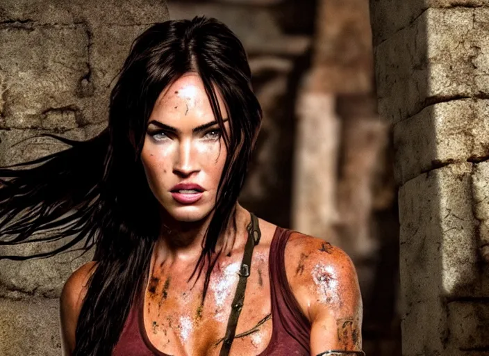 Image similar to film still of!!!! megan fox!!! as lara croft in new tomb raider movie, closeup portrait, exploring inside of aztec temple, dramatic lighting, octane, mist, volumetric lighting, 8 k