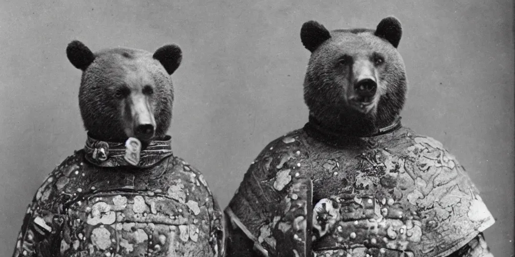 Prompt: anthropomorphic bear in samurai armor, 1900s photo