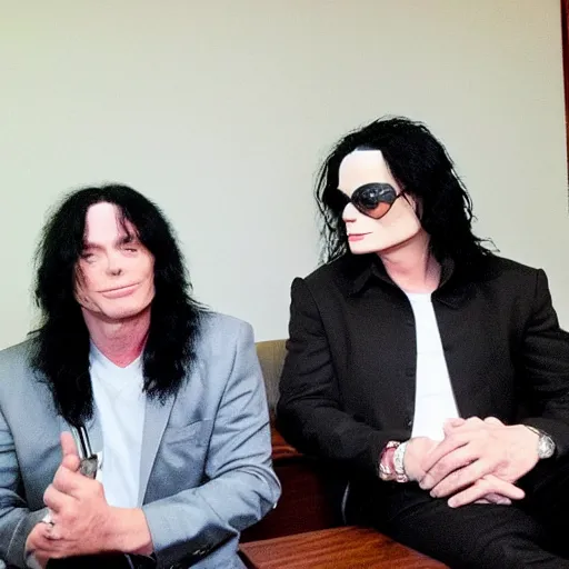 Image similar to Michael Jackson and Tommy Wiseau are sitting in a meeting