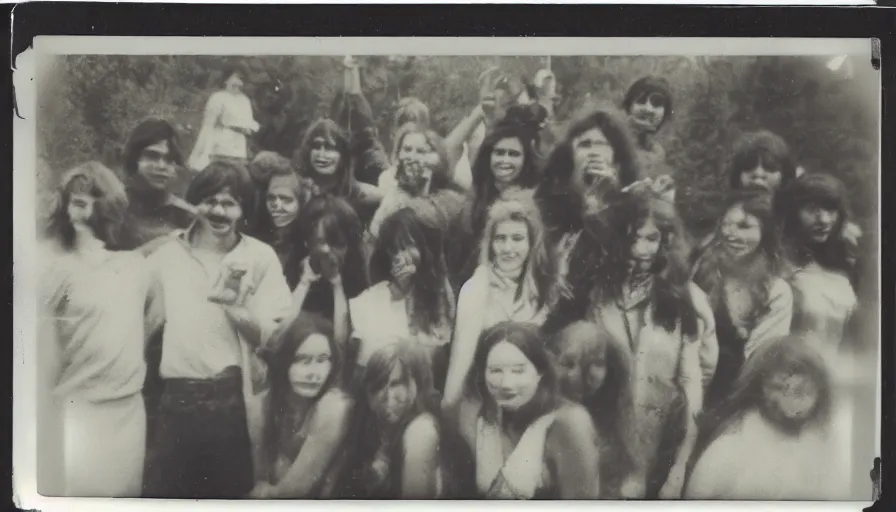 Image similar to fire damaged polaroid photograph of 70s teenagers at a carnival.