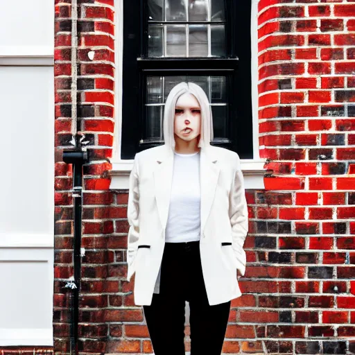 Image similar to un ultra high definition editorial photographic portrait of a female designer standing outside her trendy red brick london home wearing all white. wide angle. three point light. golden hour, golden ratio, ray tracing, volumetric light and shadow, shallow depth of field.