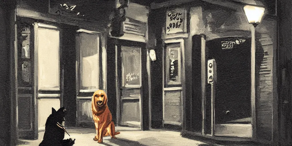 Image similar to a lady dog is waiting at the door of a jazz club, warm color palette, night time, dramatic lighting, german expresionism, noir film, character sheet, fine details, high contrast, blacksad, kim jung gi, greg rutkowski, trending on artstation, 8 k, front view, back view, ultra wide angle