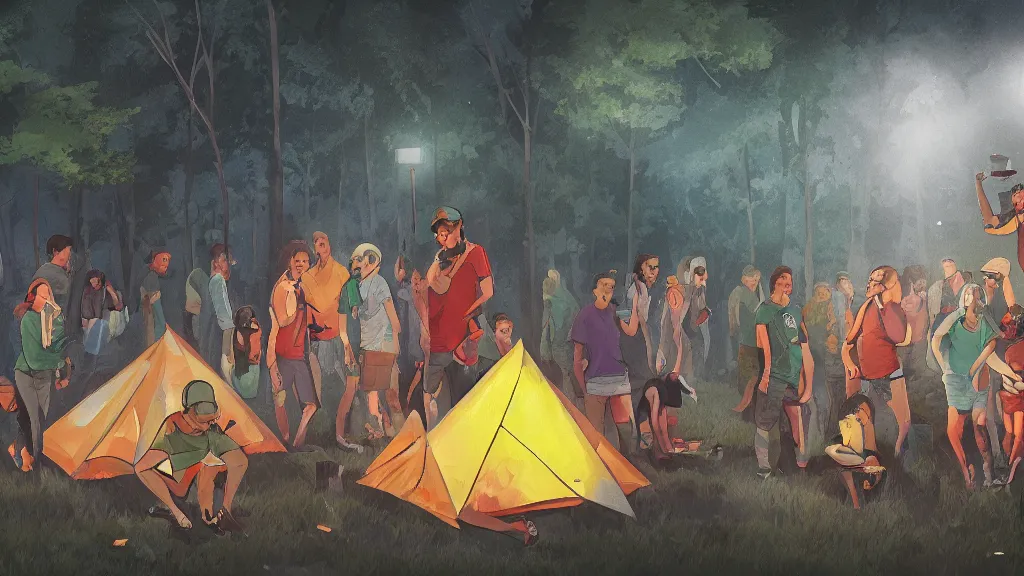 Image similar to an illustration of a drunk teenage kid on a camping, covered in vomit, parents standing outside angry, fisheye lens, high contrast, highly detailed, sharp focus, digital painting, 3 d art, illustration, trending on artstation,