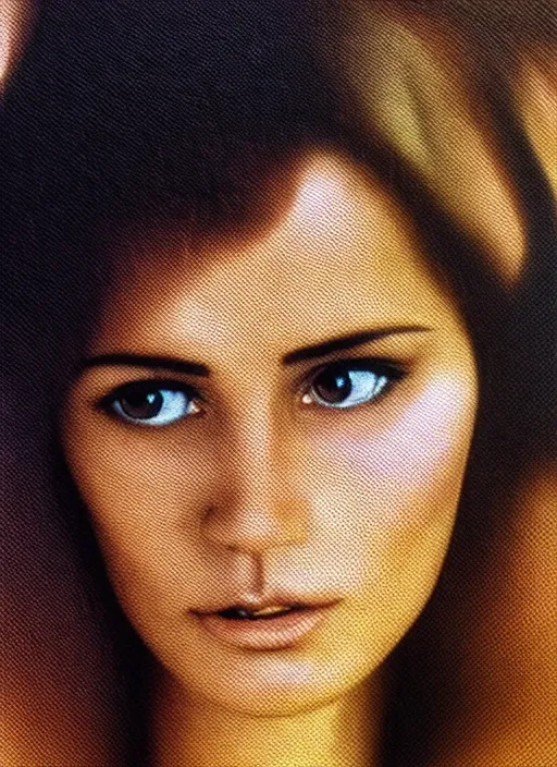 Image similar to pixel art from the film still from a 1971 award-winning Italian film of a young Mexican woman with brunette looking at the camera while in a swirling alternate reality. close-up of face with smokey eyeshadow. soft detailed painting at 16K resolution and amazingly epic visuals. epically beautiful image. amazing effect, image looks gorgeously crisp as far as it's visual fidelity goes, absolutely outstanding. vivid clarity. ultra detail. iridescent. mind-breaking. mega-beautiful pencil shadowing. beautiful face. Ultra High Definition. soft shading. soft texture. intensely beautiful.