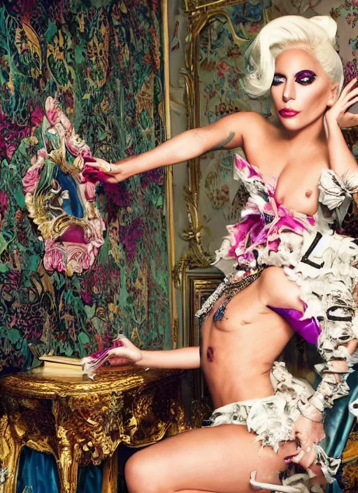 Image similar to lady gaga styled by david lachapelle posing in an expensive mansion setting , vogue magazine, Highly realistic. High resolution. Highly detailed. Dramatic. 8k.4k.