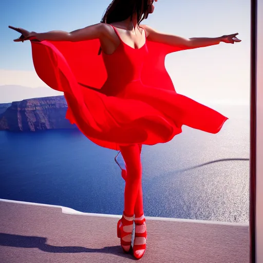 Image similar to beautiful modern dancer wearing a red, yellow, blue swirling dress, standing on a Santorini terrace looking down into the ocean, trending on artstation, cinematic, photorealistic