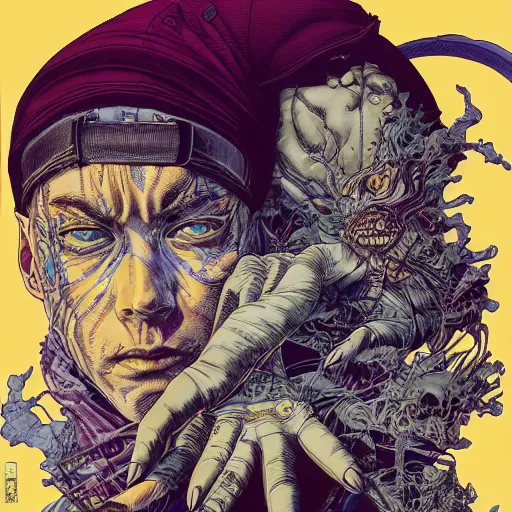 Image similar to portrait of crazy eminem, symmetrical, by yoichi hatakenaka, masamune shirow, josan gonzales and dan mumford, ayami kojima, takato yamamoto, barclay shaw, karol bak, yukito kishiro