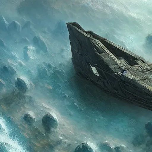 Prompt: An intact ancient alien ship, discovered half-buried in the Caribbean, detailed fantasy art by Greg Rutkowski