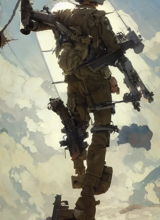 Image similar to us soldier in full battle gear, hd artstation, makoto shinkai, dean cornwell, lois van baarle, norman rockwell, ilya kuvshinov, j c leyendecker, victo ngai, mc clelland barclay, ossdraws, feng zhu, andreas rocha, john harris, cinematic